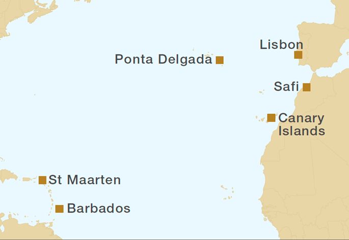 Westbound Atlantic Ocean Crossing 24 Nights Itinerary Map