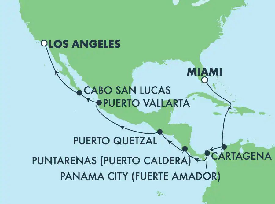 Panama Canal: Mexico & Costa Rica to Los Angeles from Miami, Florida Itinerary Map
